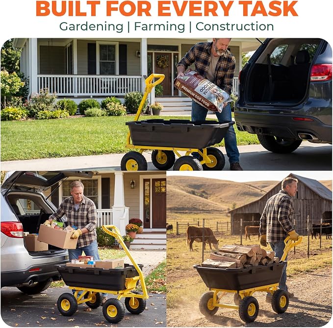 Sekey 1400lbs Garden Dump Cart for Lawn & Landscaping, Towable Utility Wagon with Quick-Release Dumping, 10" All-Terrain Tires, Black