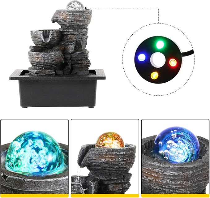 Dyna-Living Water Fountain Indoor Tabletop Waterfall Fountain with Coloured LED Light, Desktop Decorative Water Fountain, Office Fountain Waterfall for Desk, Zen Water Fountain for Home Decor