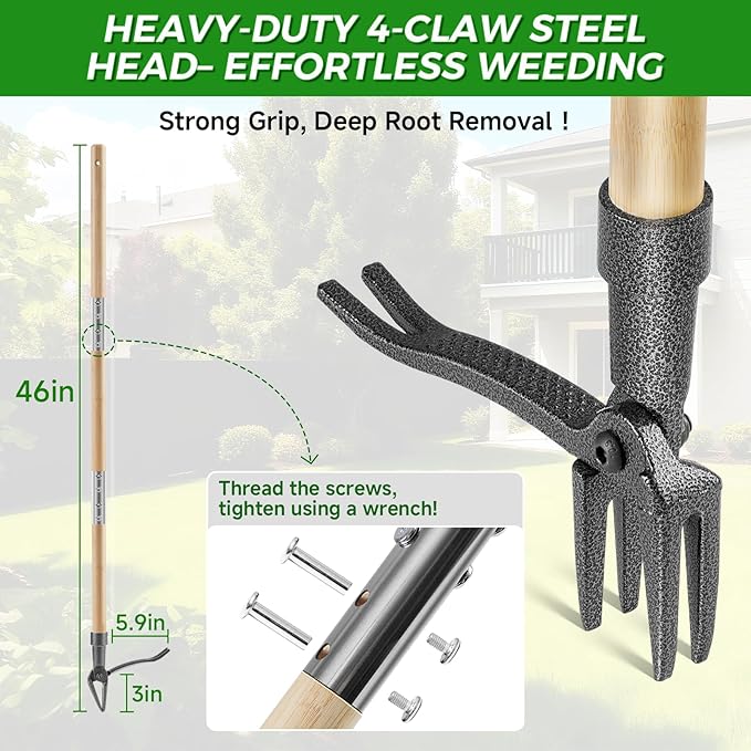 Weed Puller Tool, Stand Up Heavy Duty Weed Remover Tool with Long Handle – 4-Claw Steel Head Weeder for Dandelions, Bamboo Garden Hand Weeding Tool, No Kneeling for Easy Root Removal