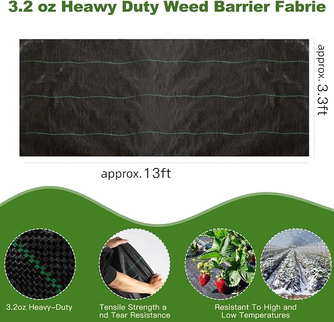 Approx.3.3FT×13FT Weed Barrier Fabric,Landscape Fabric,3.2oz Weed Barrier Fabric Heavy Duty,Weed Control Garden Cloth,Woven Geotextile Fabric for Garden Beds, Underlayment, with 4 U-Securing Pegs