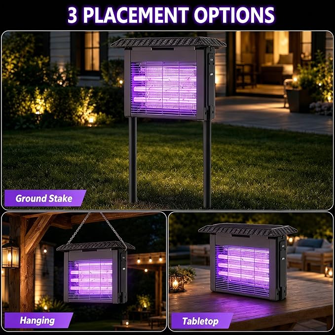 KING&DUKE Solar Bug Zapper Outdoor, 4000V Mosquito Zapper, Smart Rain Sensor, 2-in-1 Insect Trap and Patio Light for Yard Patio Camping