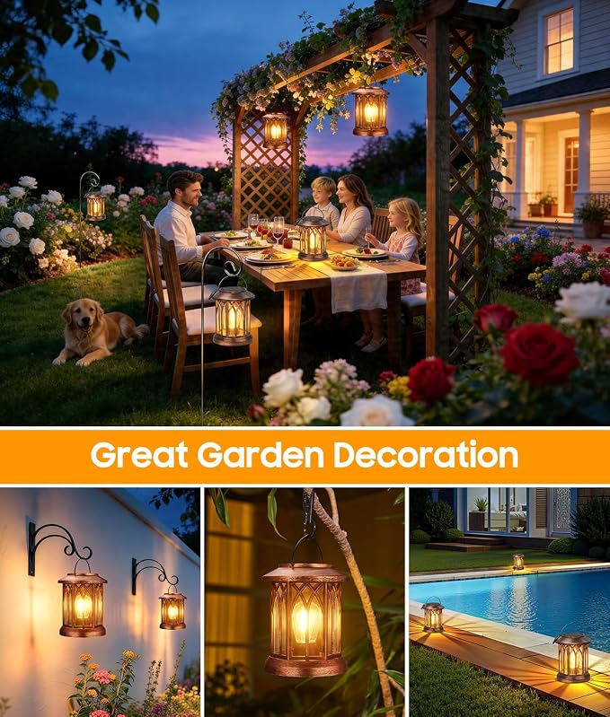 Solar Lanterns Outdoor Waterproof 4 Pack, Upgraded Solar Lantern Outdoor Lights with Metal Hooks Kit, Hanging Solar Lights for Outside Decorative Patio Yard Path Porch Garden Decor(Copper)