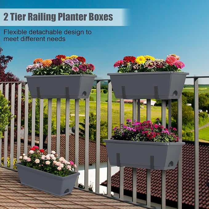 Deck Railing Planter Boxes 2 Tier Grey Window Boxes Planters Set of 2 with 4 Pack Rectangular Planter 16.9 Inch Outdoor Balcony Hanging Planters with Adjustable Brackets for Garden Porch Patio