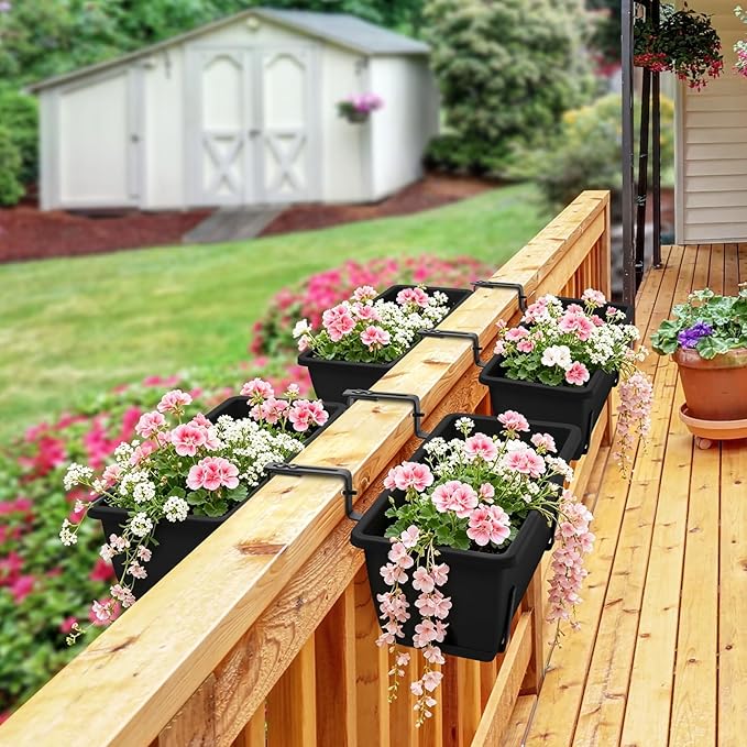 Sunexinlo 4-Pack Railing Planter Boxes with Double-Sided Adjustable Brackets, Plastic Rectangular Flower Boxes with Drainage Holes and Trays for Outdoor Balcony, Deck, Patio, Porch, Fence, Black