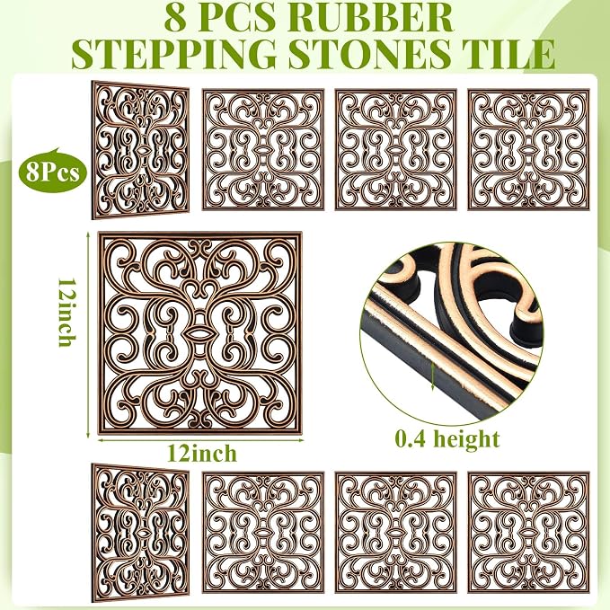 Pangda 8 Pcs Rubber Stepping Stones Outdoor Garden Walkway, 12 x 12 Inch Heavy Duty Pathway Pavers Retro Decorative Stepping Stones for Outside Landscaping Yard Lawn Path(Copper,Scroll Square)