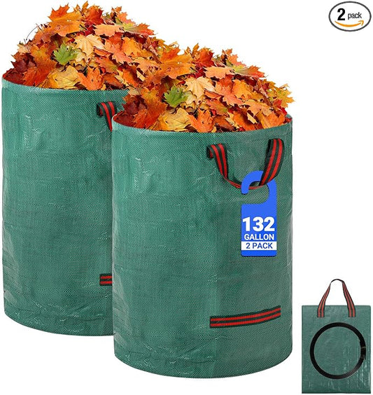 Velway Reusable Yard Waste Bags -132 Gallon 2-Pack Extra Large Heavy Duty Garden Leaf Bags with 4 Reinforced Handles, Standable Collapsible Lawn Bags with Plastic Ring for Leaves, Grass & Debris