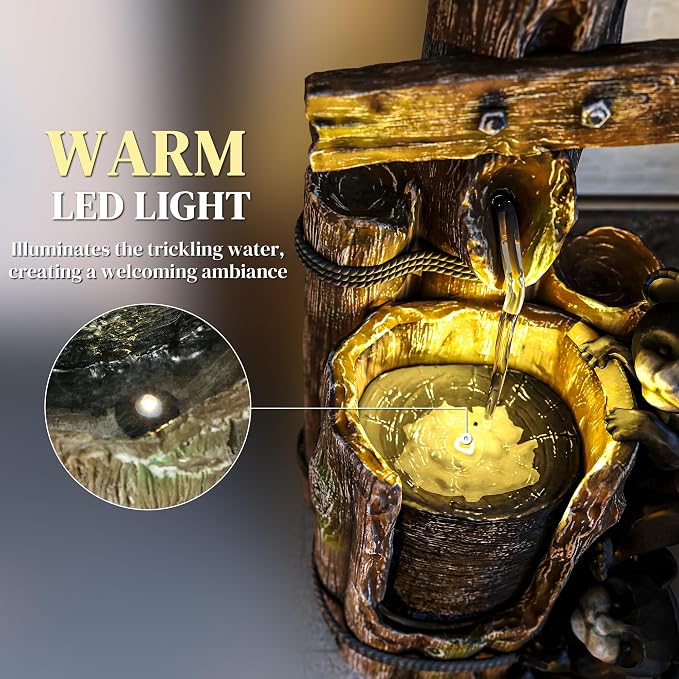 Outsunny 22.8" Tall Outdoor Water Fountain, 3-Tier Floor Standing Resin Bears on Log Waterfall Fountain with LED Lights, Pump for Garden, Patio, Backyard
