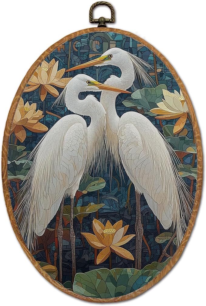 DOFQZ Vintage Chinoiserie Egret Couple Oval Wall Art Decor, Japandi Japanese Crane Egret Framed Wall Art, Spring Waterlily Bird Walls Hanging Decor for Home Bedroom Living Room, 8.5x11.5 Inch