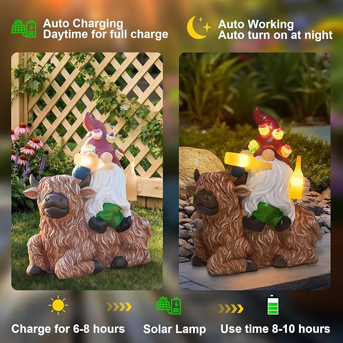 Dad Gifts for Fathers Day,Gnome Garden Decor Statue with Solar Light Lantern, Highland Cow Birthday Gifts for Men Women Mom Grandma, Funny Waterproof Resin Figurine Outdoor Decor for Yard Patio Porch