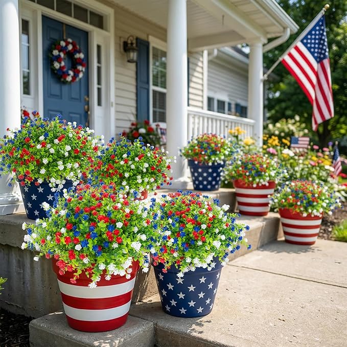 Hananona 24 Pcs Artificial Flowers Outdoor, Faux Artificial Plants UV Resistant Plastic Patriotic Flower Bulk for 4th of July Hanging Planter Porch Window Home Summer Decor (24, Red, White, Blue)