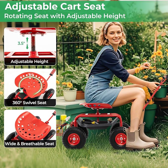 Garden Seat with Wheels, Rolling Stool with Extendable Handle, Storage Basket & Tool Tray, Garden Scooter with 360 Degree Swivel Seat for Outdoor & Yard (Red)