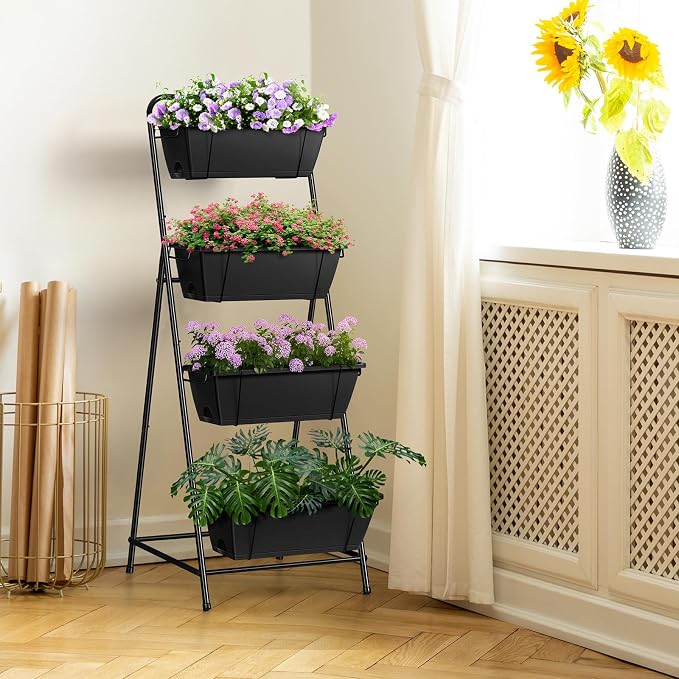 Vertical Garden Planter 4 Tier Planters for Outdoor Plants Vertical Raised Garden Bed with Drainage Holes Herb Garden Planter Outdoor Indoor Patio Yard Balcony (Black)
