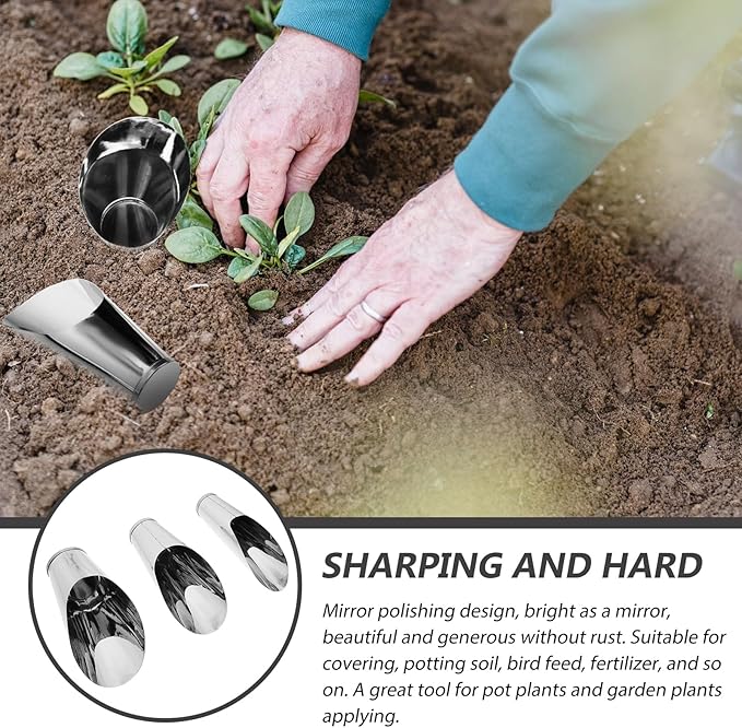 Kisangel 3Pcs Stainless Steel Soil Scoop Set for Gardening Potting Soil Shovel Cups for Indoor Outdoor Bonsai Succulent Plants 6.88 Inch Metal Planting Spade Cups
