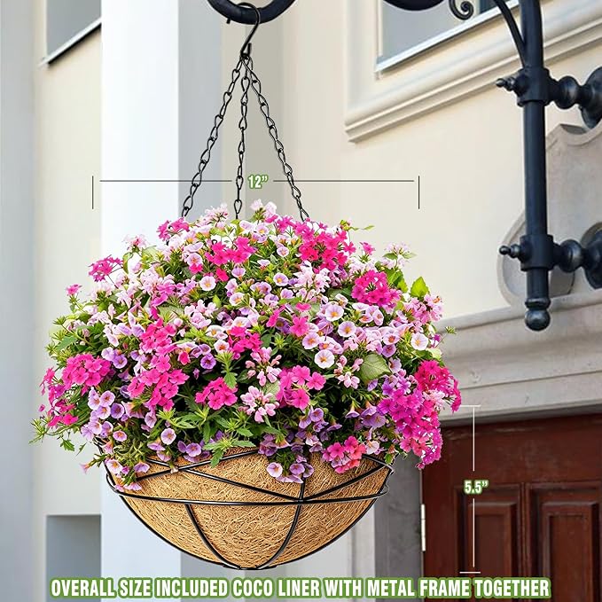 4 Pack 12 Inch Hanging Planters for Outdoor Plants Metal Watering Flower Baskets with Coco Liner for Outside Panting Plant Holder Pot for Home Garden Porch Balcony Railings Decor