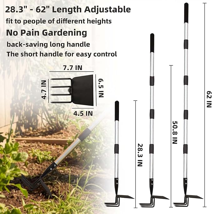 Garden Hoe & Cultivator, Efficient Long Handle Garden Tool, 2-in-1 Hand Cultivator and Gardening Hoe for Raised Beds, 60inch Heavy Duty Hoe Garden Cultivator for Loosening, Weeding, Planting