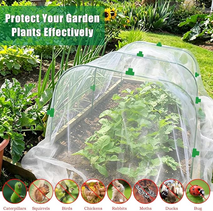 10 X 33 FT Garden Mesh Netting Kit Pest Barrier for Raised Beds, Fruit Tree Netting with 6 Sets Garden Hoops & 12 Clips for Cicadas Bird Insect, Blueberry Bush Netting Cover for Garden Protection