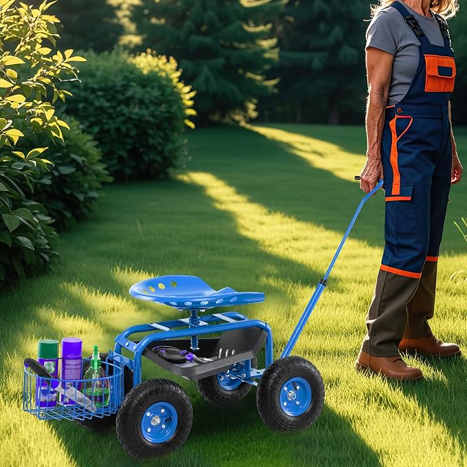 IRONMAX Garden Cart with Seat, Gardening Rolling Stool Scooter with 10’’ All-Terrain Wheels, Adjustable Steering Handle & Tool Tray and Basket for Outdoor Planting (Blue)
