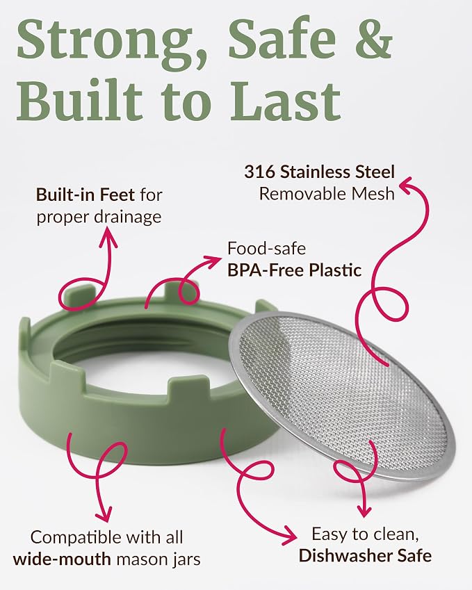 Elementi Sprouting Lids for Wide Mouth Mason Jars (Set of 4), Sprouting Jar Kit for Organic Alfalfa & Mung Bean Sprouts Growing Kit, 316 Stainless Steel Mesh Screen Strainer Lid (Sage Green)