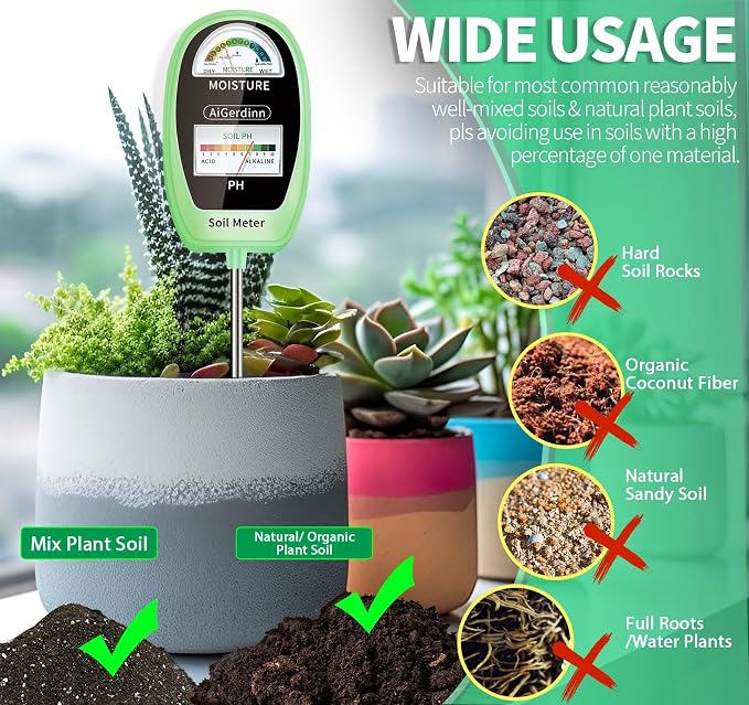 Soil Test Kit, 2-in-1 Soil Moisture Meter, Soil pH Meter -Dual Dial-Simultaneously-Display Results-Soil pH Tester, Moisture Meter for Garden,Lawn,Farm Indoor&Outdoor Plants-Teargreen