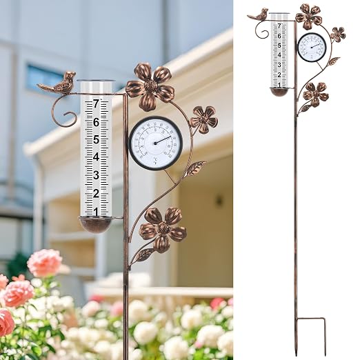 Rain Gauge Outdoor with Thermometer Garden Decor, Bird Decorative Outdoor Rain Gauges for Yard Patio Lawn Garden