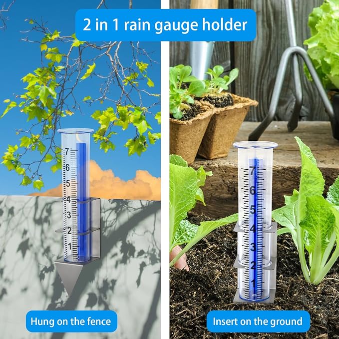 Rain Gauge,Rain Gauges Outdoors Best Rated with Stainless Steel Mounting Rack Holder,Freeze Proof Plastic Replacement Tube,Large Numbers,Rain Measure Gauge for Yard Garden Fence Lawn Patio Farm (7")