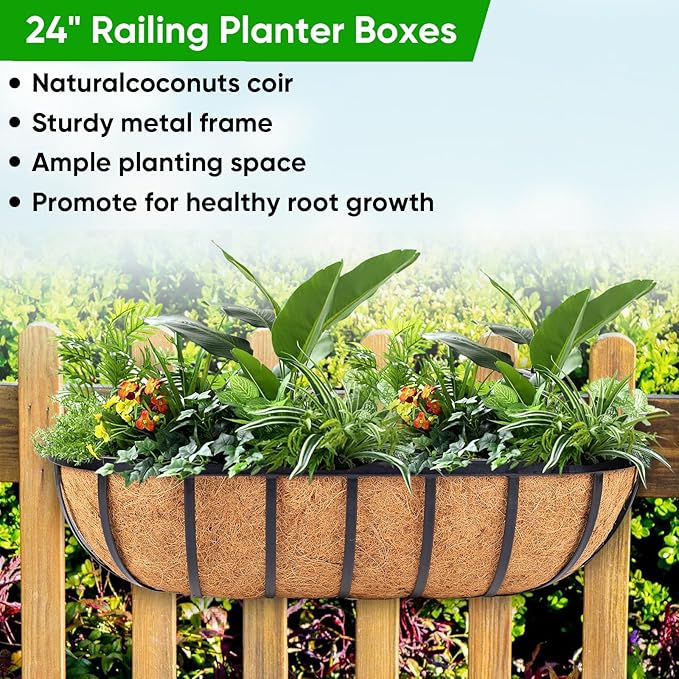 HKZ Deck Balcony Railing Planter Window Boxes - 4 Pack 24 Inch Planter Box, Balcony Planters Railing Hanging, Window Boxes Outdoor Fence Planters