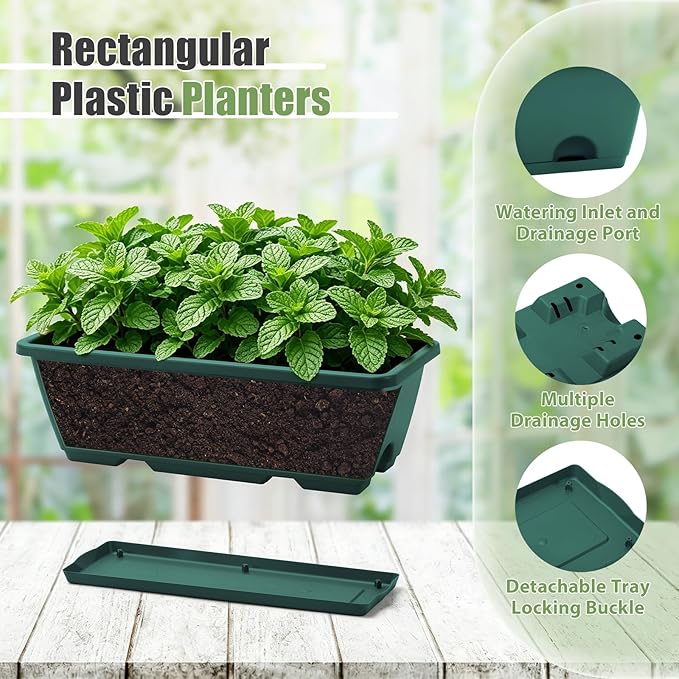 Sunexinlo 4-Pack Railing Planter Boxes with Double-Sided Adjustable Brackets, Plastic Rectangular Flower Boxes with Drainage Holes and Trays for Outdoor Balcony, Deck, Patio, Porch, Fence, Green