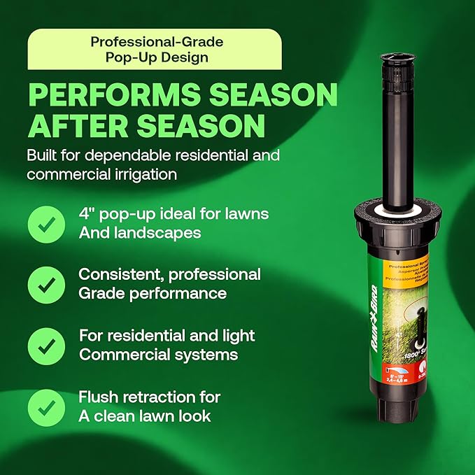 Rain Bird 1804VAN 1800 Series Professional 4 Inch Pop Up Sprinkler Head, 4 Pack - Lawn Sprinkler with Adjustable 0-360 Degree Arc Nozzle Pattern, Up to 15 Ft Spray Distance, 1/2 in NPT Threaded Inlet