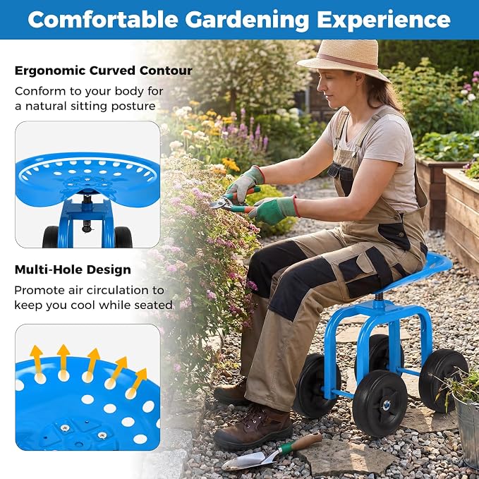 Rolling Garden Seat, Garden Cart with 360° Swivel Work Seat & Adjustable Height, Heavy Duty Garden Seat with Wheels for Lawn Yard Patio Greenhouse Planting Cleaning (Blue)
