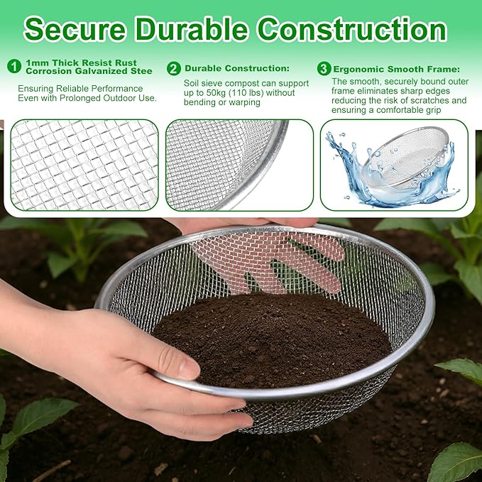 Soil Rock Sifter for Gardening - Sand and Compost Sifter for Gardening Rock Sifter Fits 5-Gallon Buckets 1/8 Inch Mesh, Sieve for Gravel, Dirt, Sawdust and Organic Material