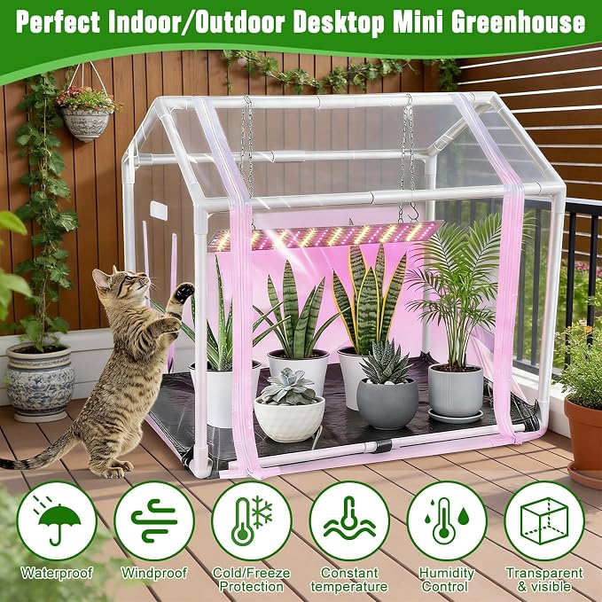Mini Greenhouse with Grow Light for Indoor, PVC Planting Tent with Waterproof Mat & Zipper Door,15W Full-Spectrum LED Plant Grow Light and Timer for Seed Starter Tray for Indoor and Outdoor Plants
