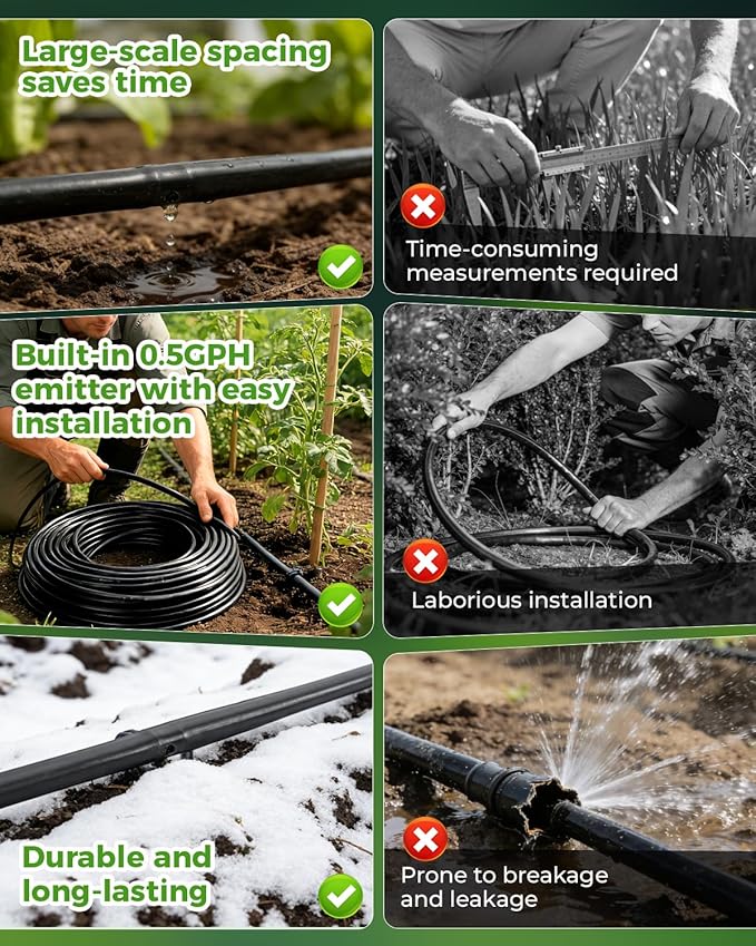1/4" Drip Irrigation Tubing with 6" Emitter Spacing, (100 Ft Roll) Hydroponics Dripline, 1/4" Drip Irrigation Fittings Included, Drip Line for Irrigation, Window Boxes and Greenhouses (Black)