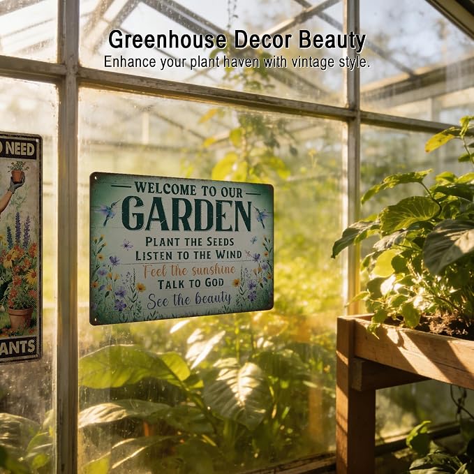 Garden Signs Garden Decor for Outside - Welcome To Our Garden Tin Sign, Vintage Gardening Signs Gifts for Plant Lovers Women Gardeners 12x8 Inch