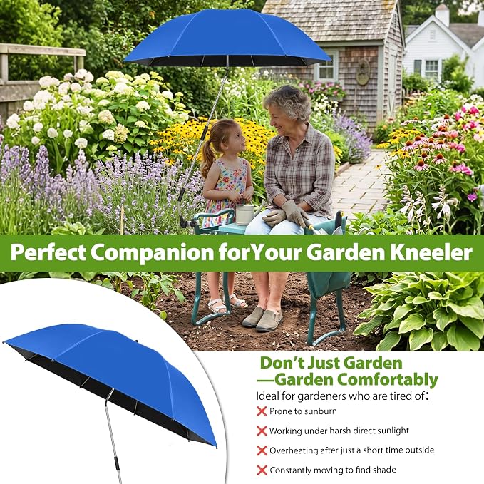 Garden Kneeler Umbrella,42” Large Chair Umbrella with Universal Clamp, 360°Swivel and UPF 50+ Protection,Folding Clip on Umbrellas for Garden Seat Bench Beach Chairs Strollers Golf Carts, NO KNEELER