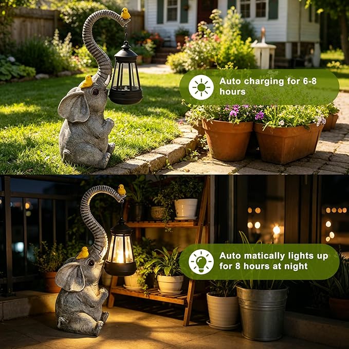 Solar Outdoor Garden Decor Elephant Statues Lights, Lucky Elephant Unique Mom Birthday Gifts for Mom, Housewarming Gifts and Yard Decoration