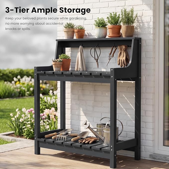 Garden Potting Bench for Outside, HDPE Outdoor Potting Table with Storage Shelves & Tool Hooks, All Weather Planting Workstation for Patio Backyard Garden (Gray)