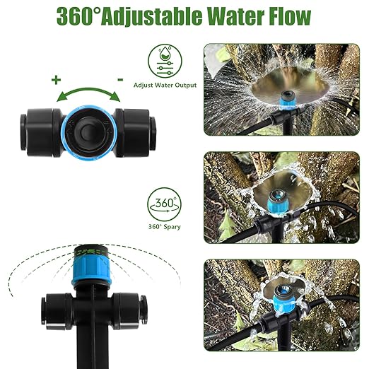 Kalolary Drip Irrigation Emitters, 30pcs Adjustable 360 Degree Water Flow Emitters for 1/4" Tubing, Two-Way Connection Irrigation Drippers for Garden, Lawn, and Greenhouse Watering Systems(Blue)