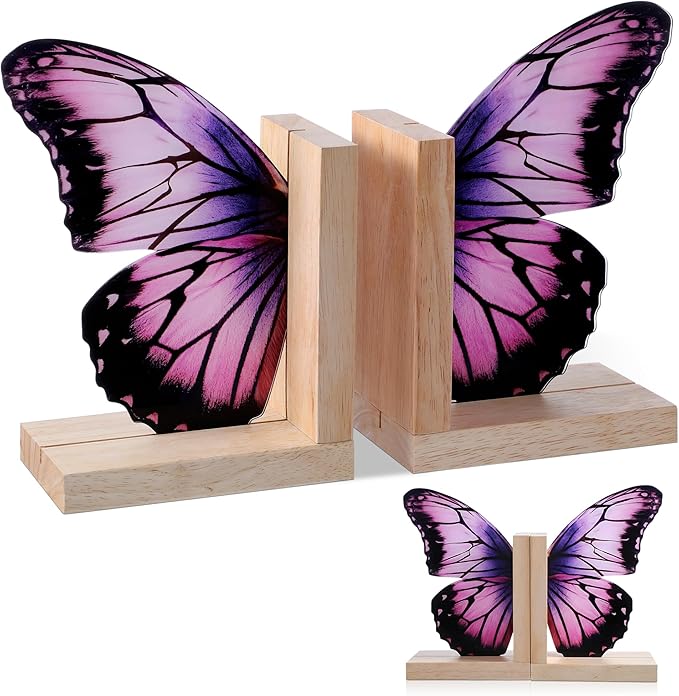 Decorative Butterfly Bookends Wooden Acrylic Butterflys Bookend Modern Bookshelf Decor Accent Book Stopper Decor for Home Farmhouse Shelves Office Lover Gift(Purple Butterfly)