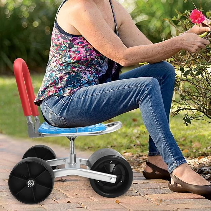 Garden cart, rolling garden work seat with wheels, gardening stool for planting, 360-degree swivel seat, garden scooter with steering handle and tool tray, garden chair for outdoors, patio and yard