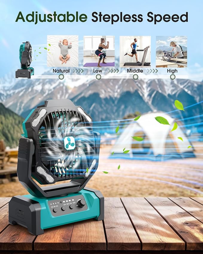 ONLYNEW Camping Fan 20000mAh Portable Fans USB C Rechargeable Battery Powered Fan with LED Lantern & Remote, Oscillating,Timer, Remote Auto, Hook for Tents Travel Outdoor Camp Beach Home Gifts Green