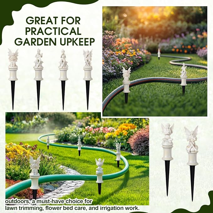 Zonon 6 Pcs Garden Hose Guide Stake Decorative 11.8 Inch Heavy Duty Metal Antique Water Hose Roller Guard Guide Stake Spike Resin Plant Saver Tools for Lawn Yard Garden(White,Fairy)