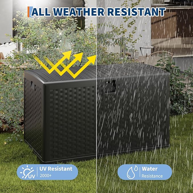 IDEALHOUSE 120 Gallon Resin Deck Box, Waterproof Outdoor Storage Box with Lockable Lid & UV Resistant, Patio Furniture Cushion Storage Container for Garden, Backyard, Poolside (Black)