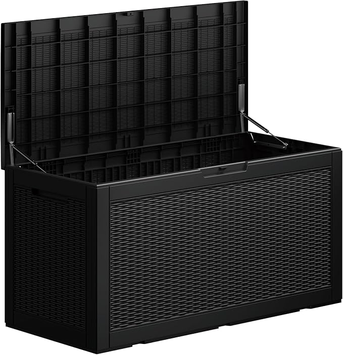 Outdoor Storage Box, 110 Gallon Resin Deck Box Waterproof for Patio Furniture, Garden Tools and Pool Accessories, Lockable UV-Resistant Storage Bin Bench Cabinet for Outside, Black