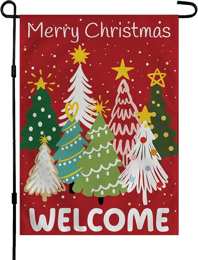 Christmas Decorations Outdoor - Xmas Tree Welcome Garden Flag | Christmas Party Decor Favors Supplies for Indoor Outside -Red Navidad Double-Side Backdrop Banner for Garden Porch Patio Lawn Yard,12x18