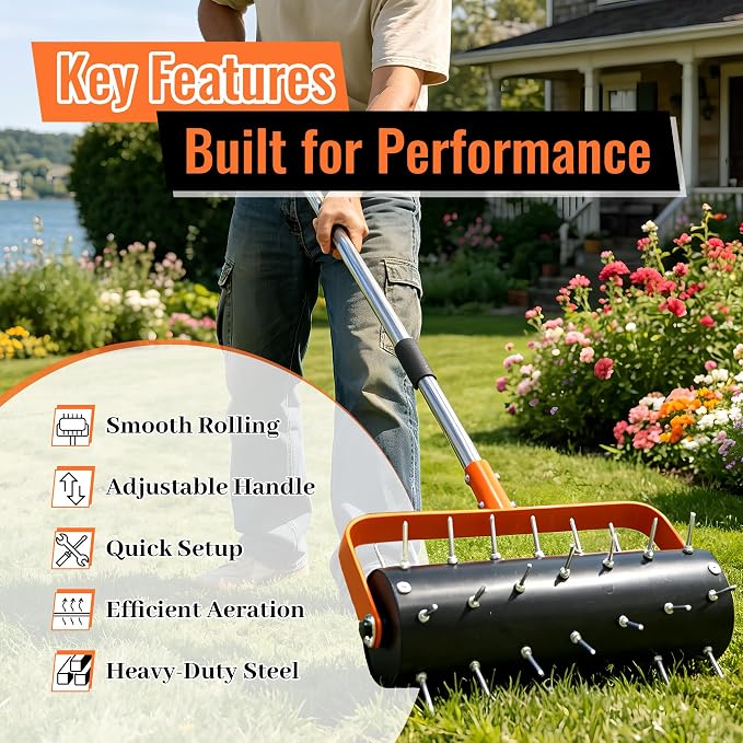 Rolling Lawn Aerator Heavy Duty Spike Aerator Roller with Adjustable Handle & 48 Spikes, Fillable Drum Manual Push Aeration Tool for Lawns, Gardens, Yards, Patio