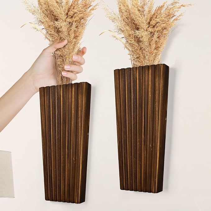 2PCS Wood Wall Planter for Indoor Plants, Wooden Hanging Planter for Dried Flowers and Artificial Greenery Plants, Modern Farmhouse Wood Wall Decor for Living Room,Bedroom,Bathroom(Dark Brown)