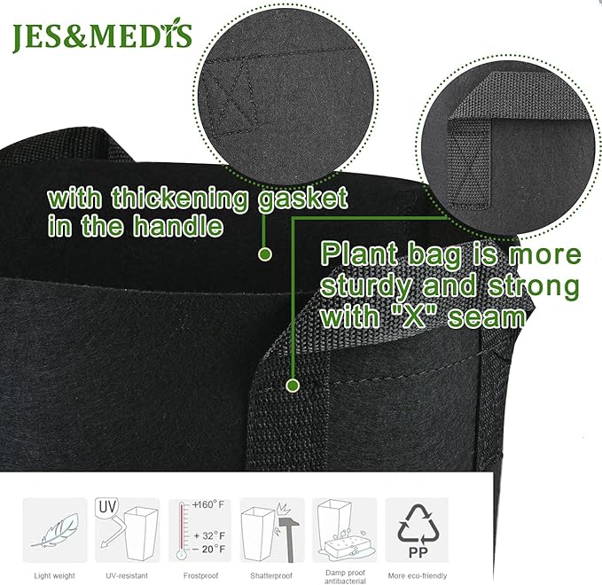 JES&MEDIS 12-Pack 5 Gallon Plant Grow Bags Thick Aeration Non Woven Fabric Flower Vegetable Pots with Handles Garden Container Black (5 Gallon_12 Pack)
