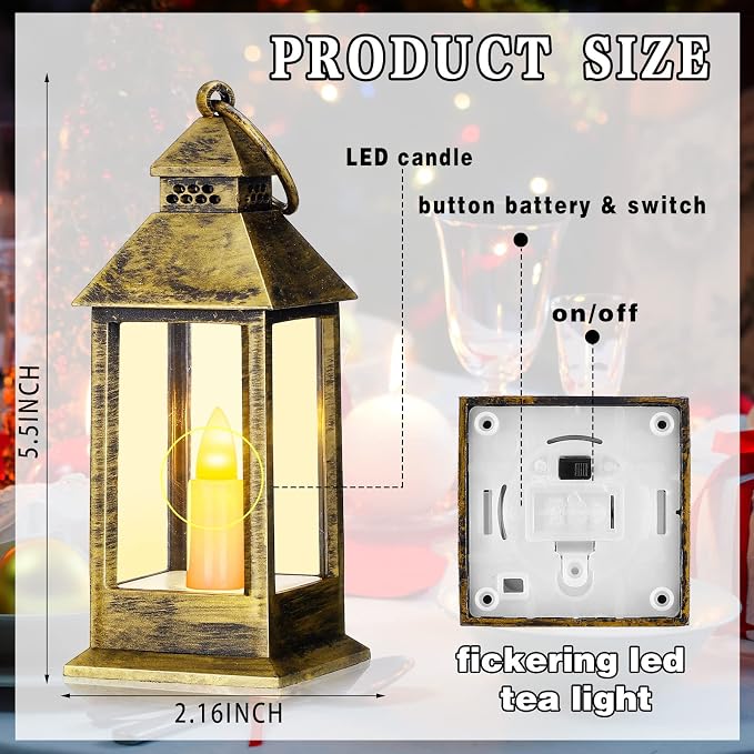 Hoolerry 24 Set 5.5'' Mini Lanterns with LED Candle for Wedding Centerpiece Vintage Decorative Hanging Small Lantern Battery Powered for Halloween Wedding Table Centerpiece(Bronze)
