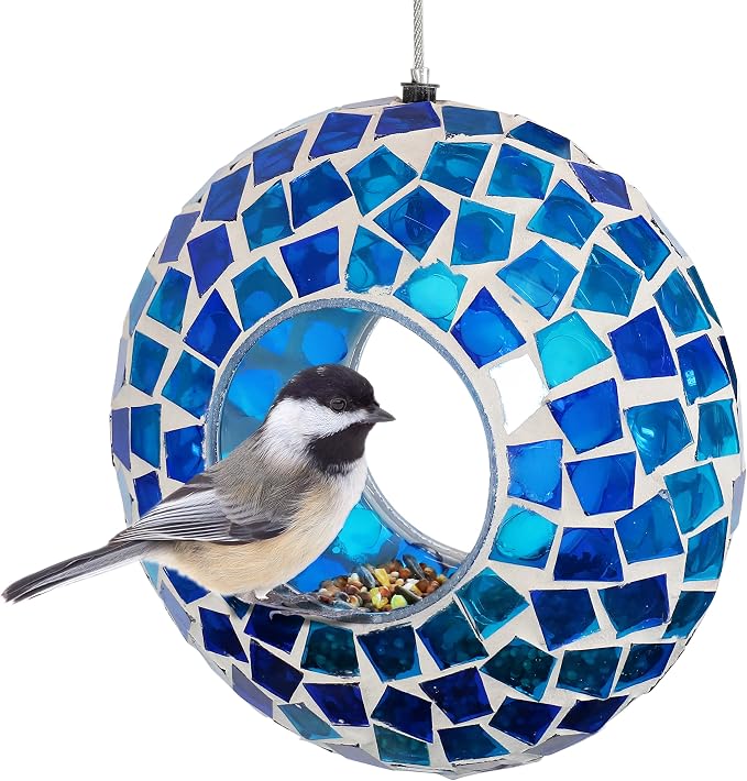 Sunnydaze 6-Inch Glass Mosaic Hanging Bird Feeder for Outdoors - Fly-Through Glass Bird Feeder for Cardinals, Jays, Finches and More - Blue Mosaic