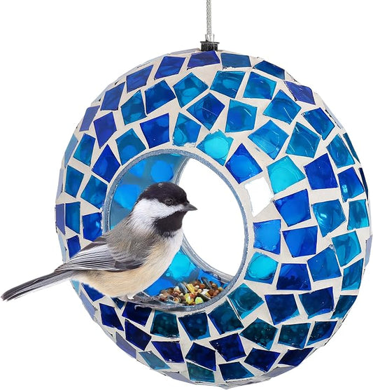 Sunnydaze 6-Inch Glass Mosaic Hanging Bird Feeder for Outdoors - Fly-Through Glass Bird Feeder for Cardinals, Jays, Finches and More - Blue Mosaic